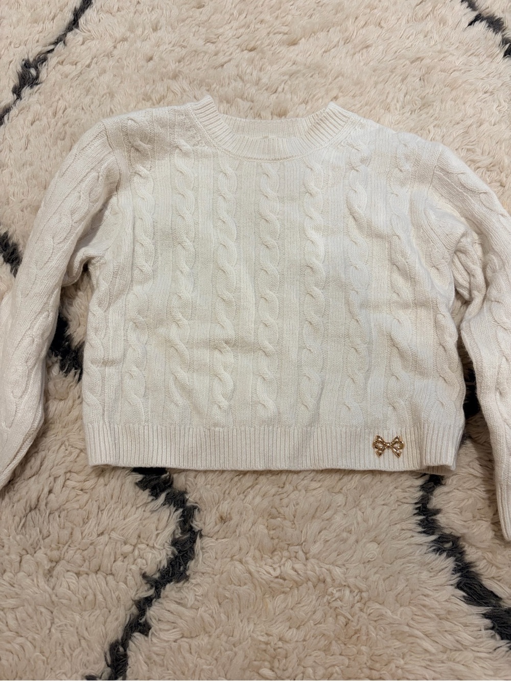 LoveShackFancy Cream Cable-Knit Crewneck cropped Sweater with Gold Bow Trim